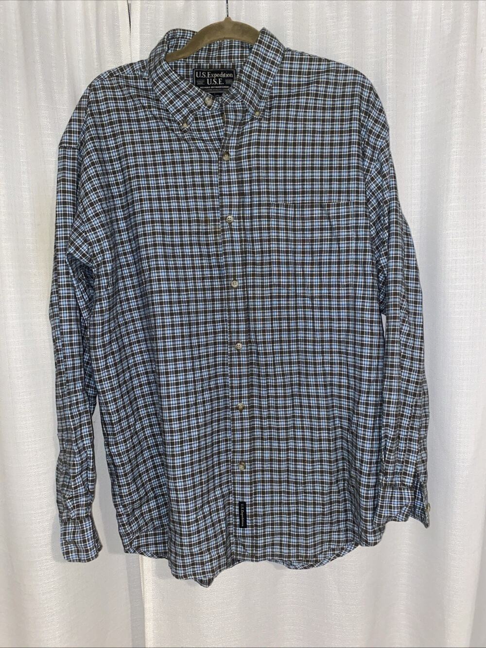 U.S. Expedition Men's L Plaid Button Down Shirt Long Sleeve 100% Cotton Casual
